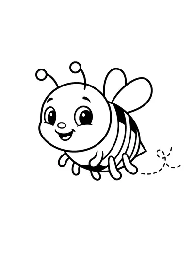 Coloring page of a busy cartoon bee, black and white line art