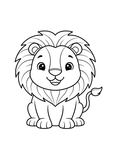 Coloring page of a cheerful lion, black and white line art