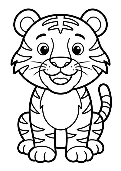 Coloring page of a cheerful tiger, black and white line art