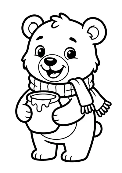 Coloring page of a cozy bear cub, black and white line art