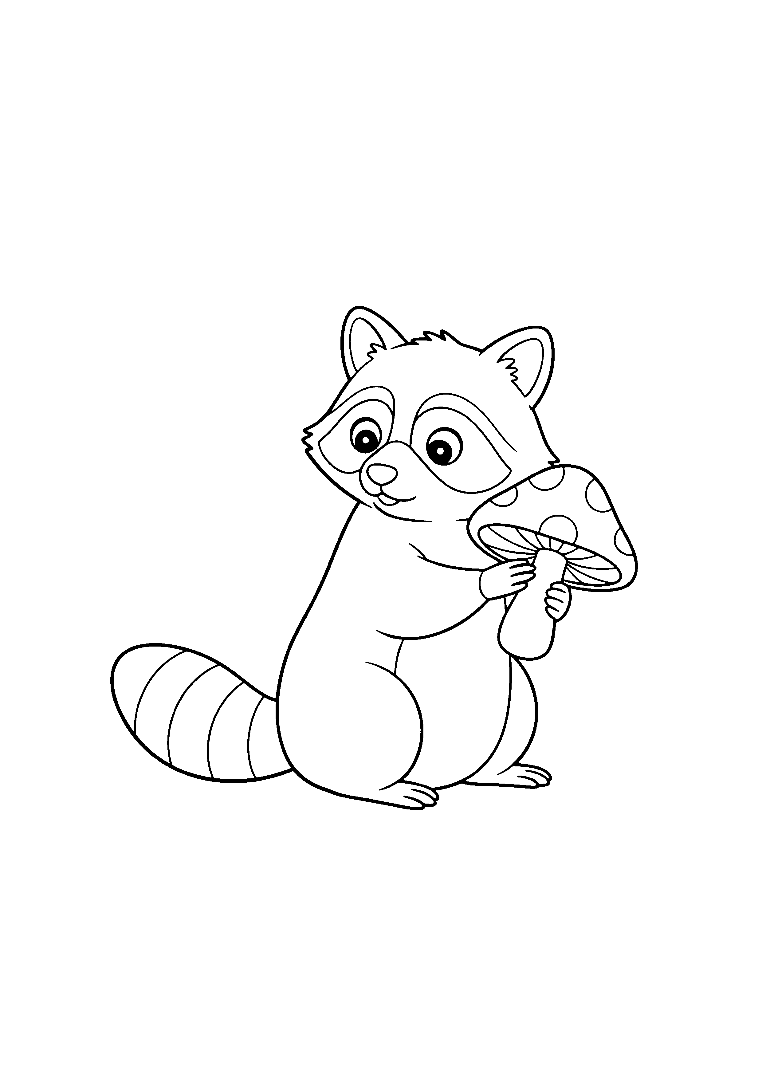 Coloring page of a curious raccoon, black and white line art