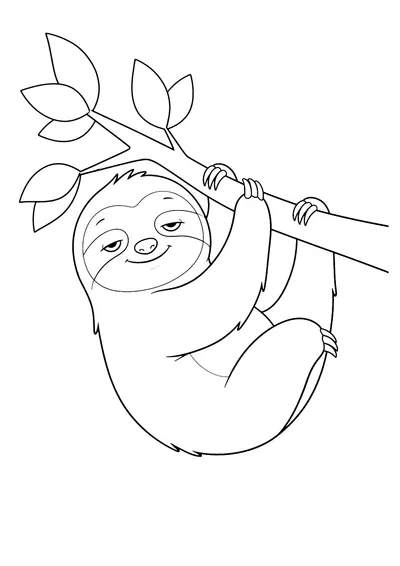 Coloring page of a dozing sloth, black and white line art