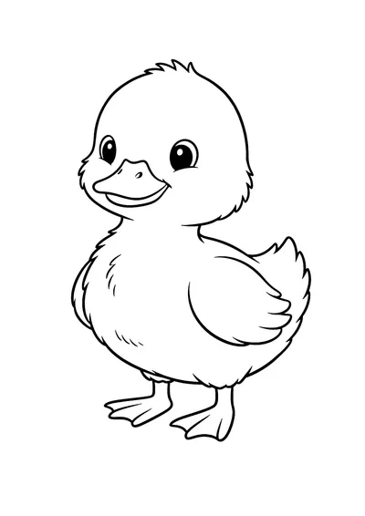 Coloring page of a fluffy duckling, black and white line art