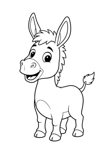 Coloring page of a friendly cartoon donkey, black and white line art