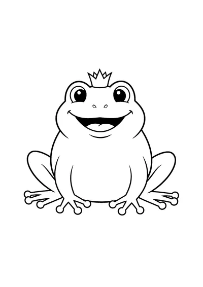 Coloring page of a frog prince with a crown, black and white line art