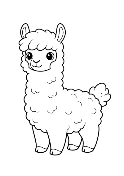 Coloring page of a gentle cartoon llama, black and white line art