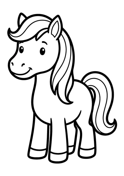 Coloring page of a gentle pony, black and white line art