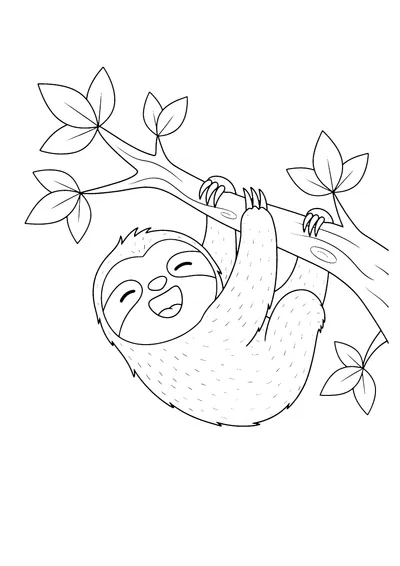 Coloring page of a sloth hanging from a branch, black and white line art