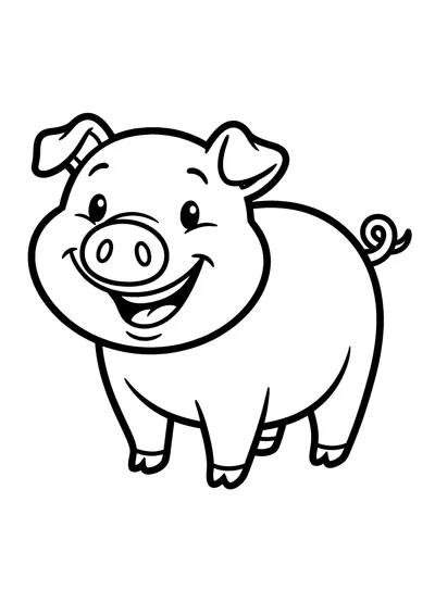 Coloring page of a happy pig, black and white line art