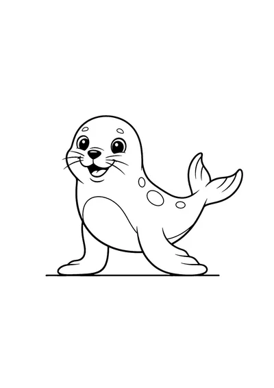 Coloring page of a happy cartoon seal, black and white line art