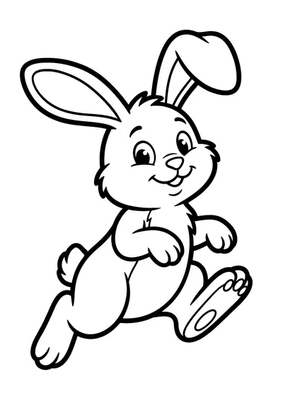 Coloring page of a hopping rabbit, black and white line art