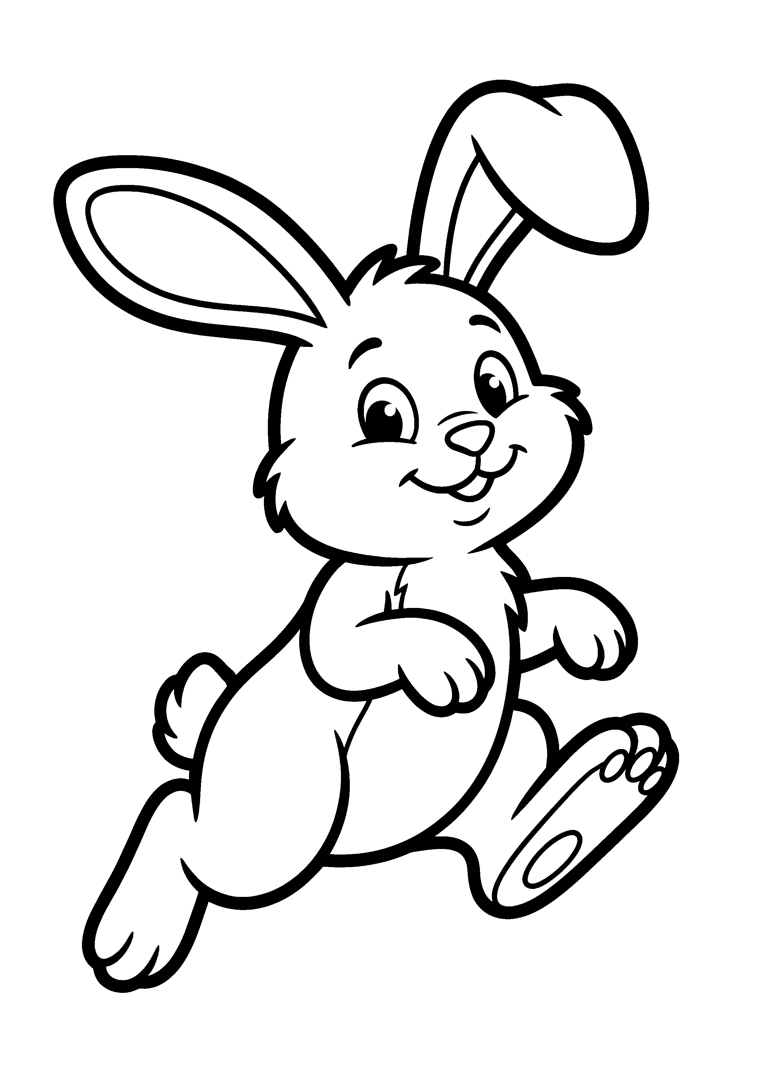 Coloring page of a hopping rabbit, black and white line art
