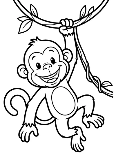 Coloring page of playful monkey, black and white line art