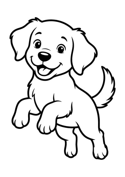 Coloring page of a playful puppy, black and white line art