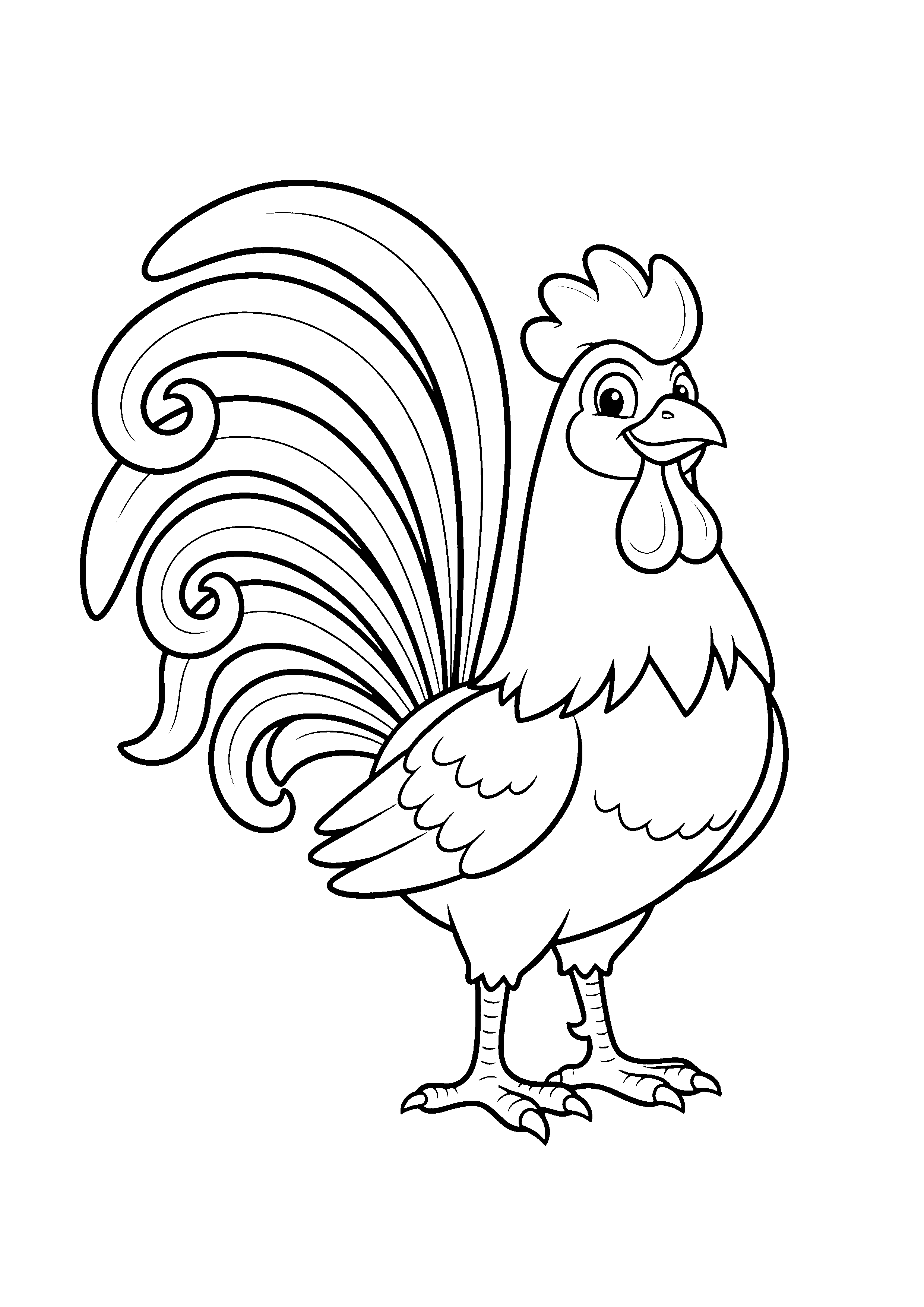 Coloring page of a proud cartoon rooster, black and white line art
