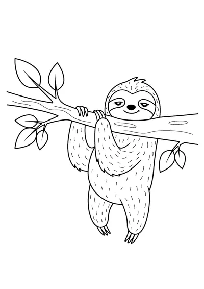 Coloring page of a sleepy cartoon sloth, black and white line art