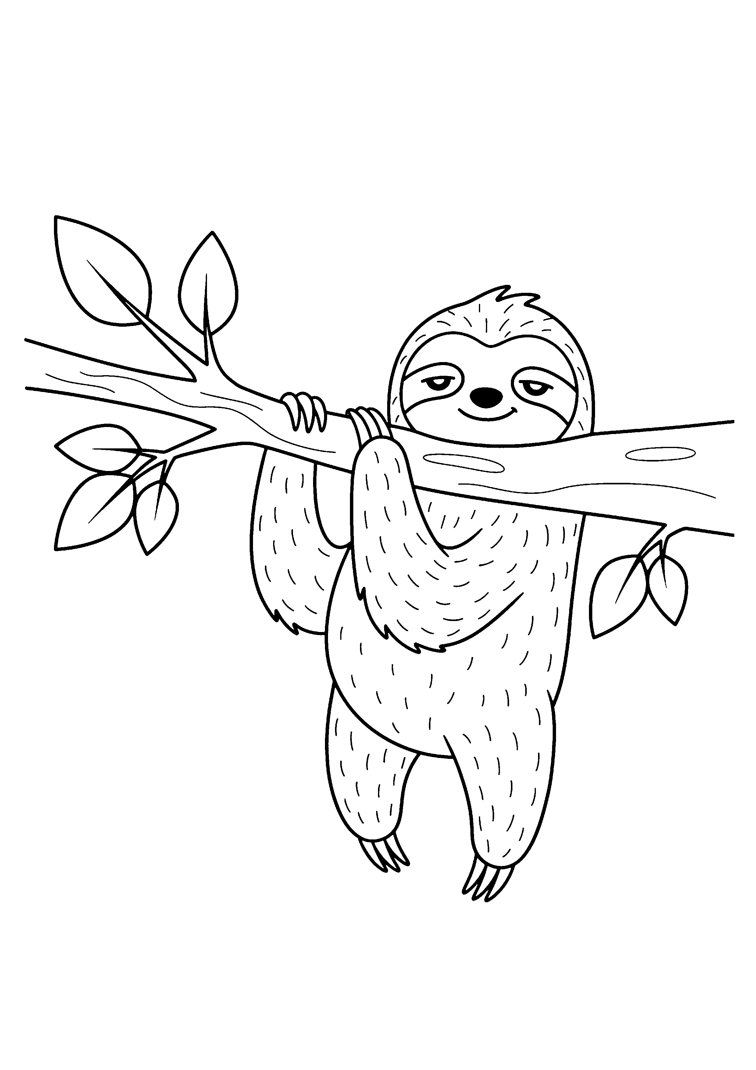 Coloring page of a sleepy cartoon sloth, black and white line art