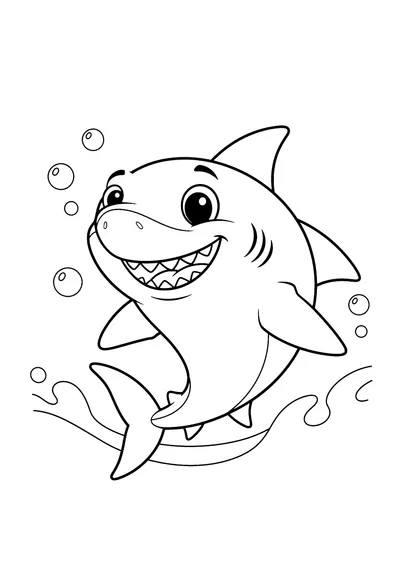Coloring page of a smiling cartoon shark, black and white line art