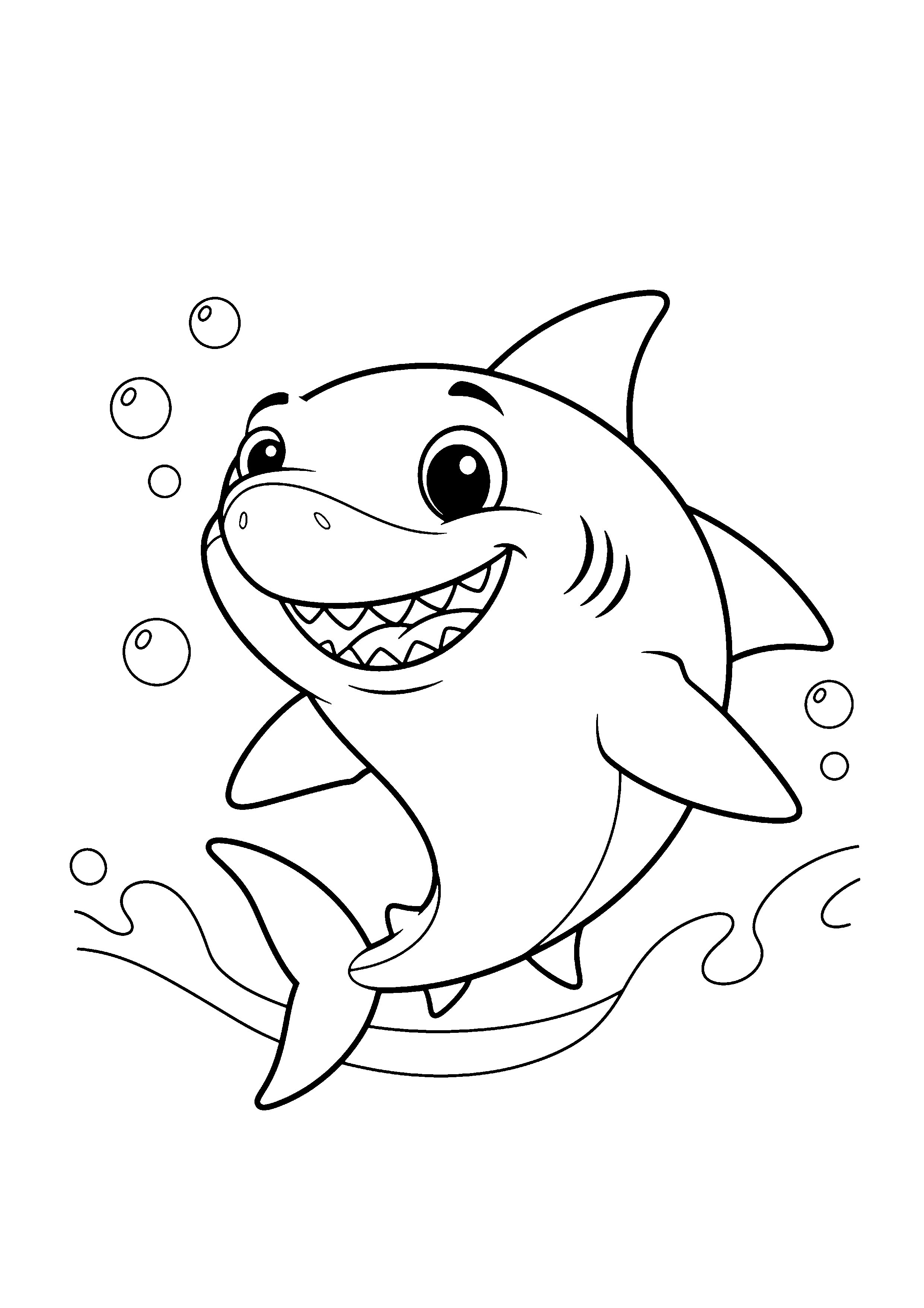 Coloring page of a smiling cartoon shark, black and white line art