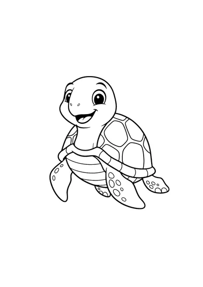 Coloring page of a smiling turtle, black and white line art