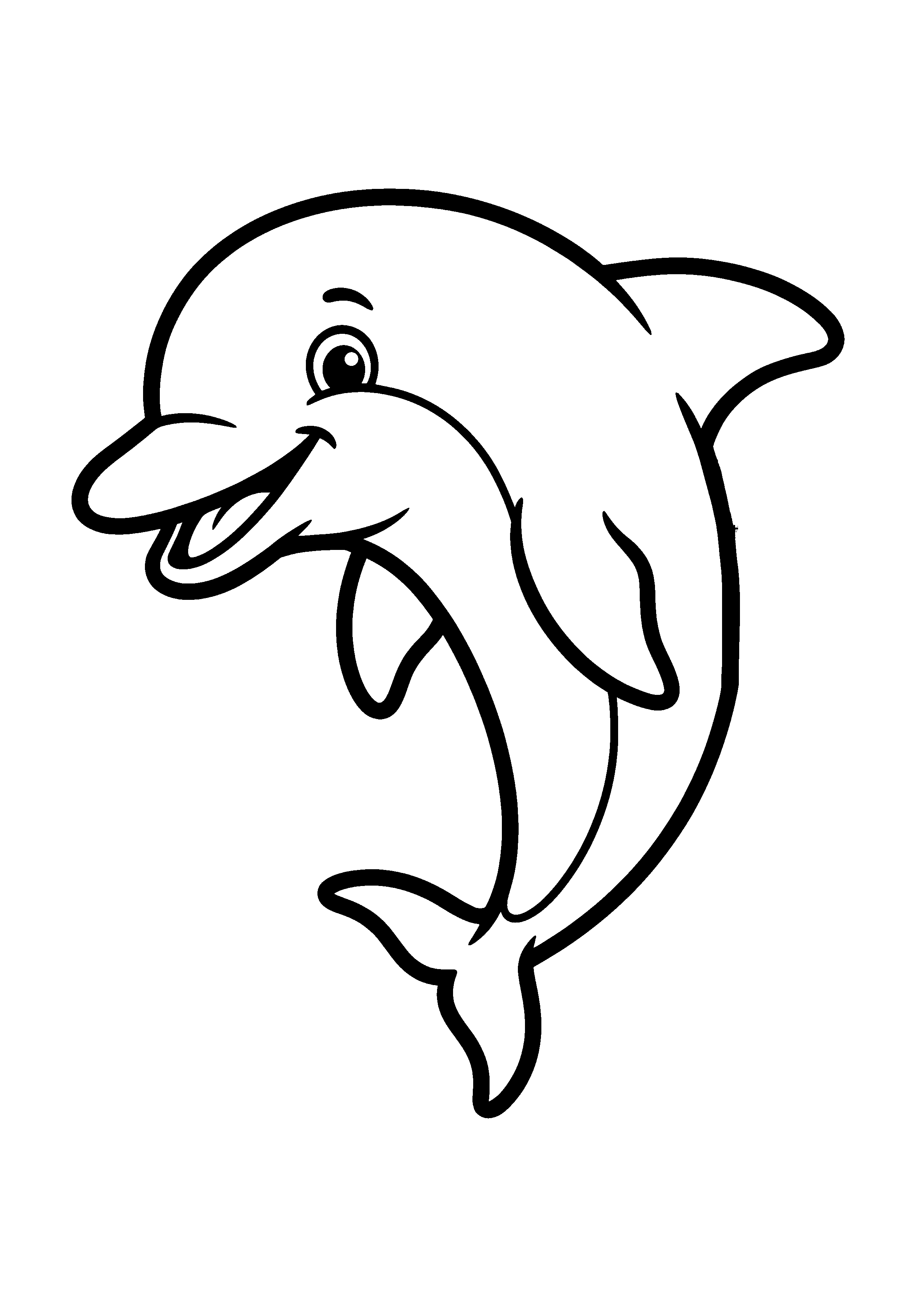Coloring page of a splashing dolphin, black and white line art