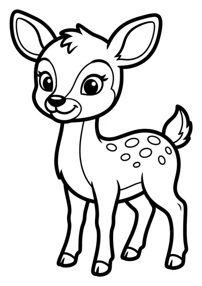 Coloring page of a spotted fawn, black and white line art