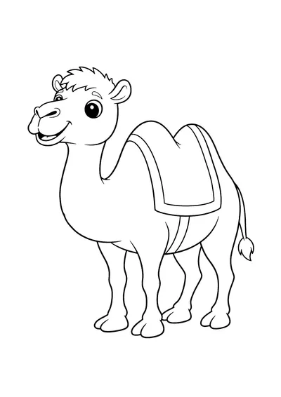 Coloring page of a friendly cartoon camel, black and white line art
