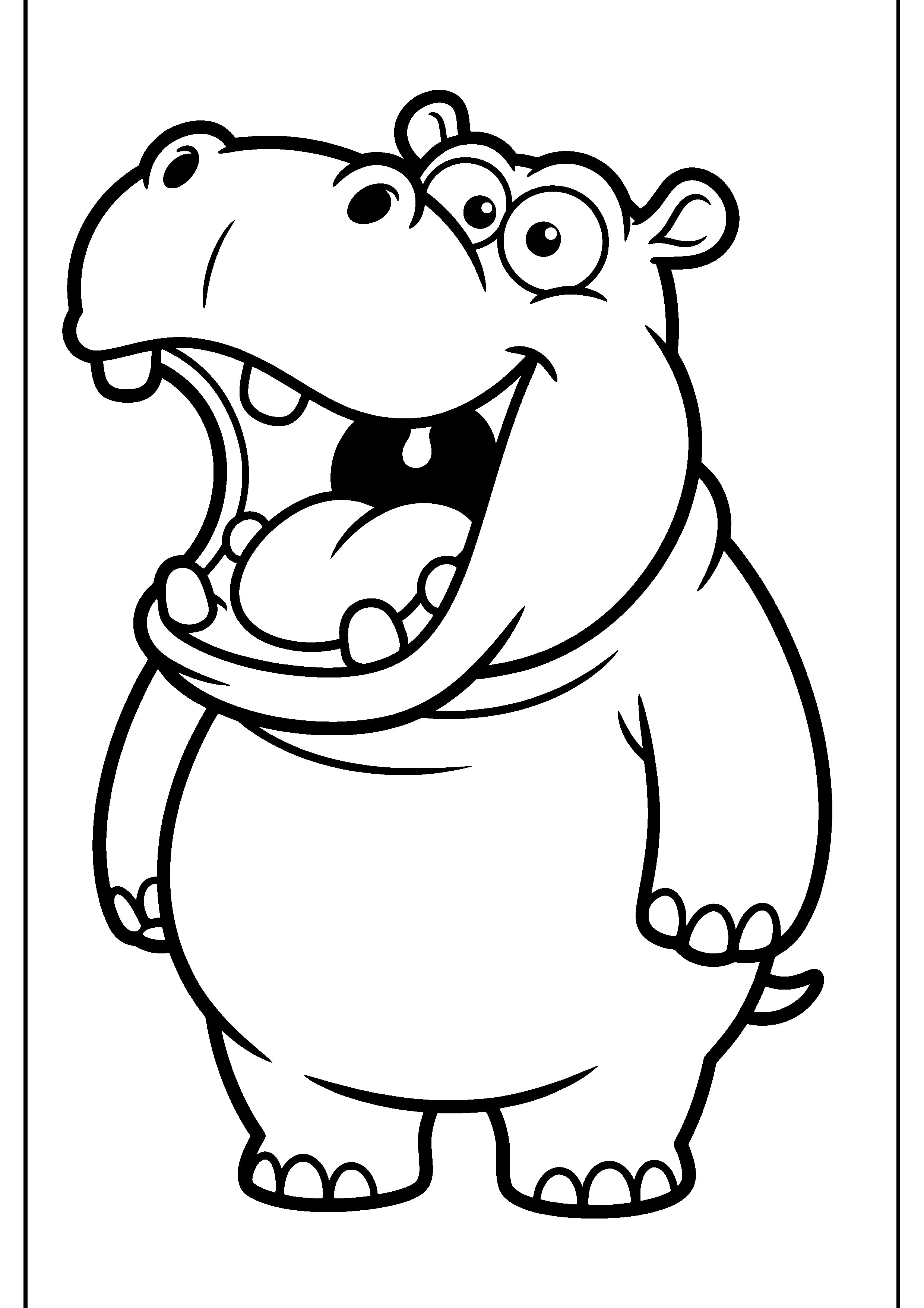 Coloring page of a yawning hippo, black and white line art