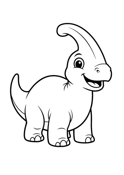 Coloring page of a friendly cartoon Parasaurolophus dinosaur, black and white line art