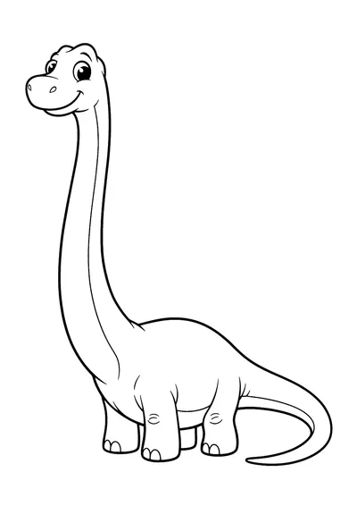 Coloring page of a gentle cartoon Diplodocus dinosaur, black and white line art