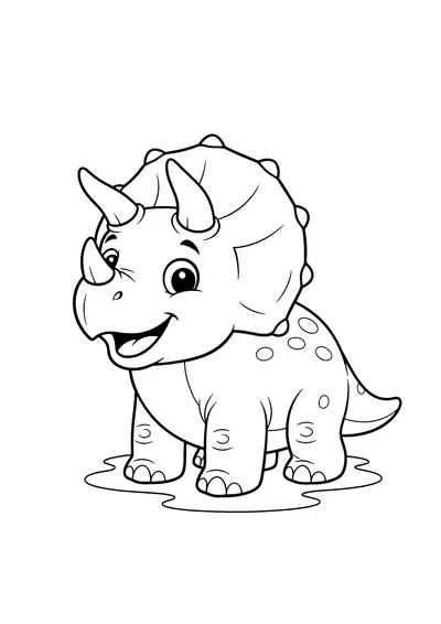 Coloring page of a happy cartoon Triceratops dinosaur, black and white line art