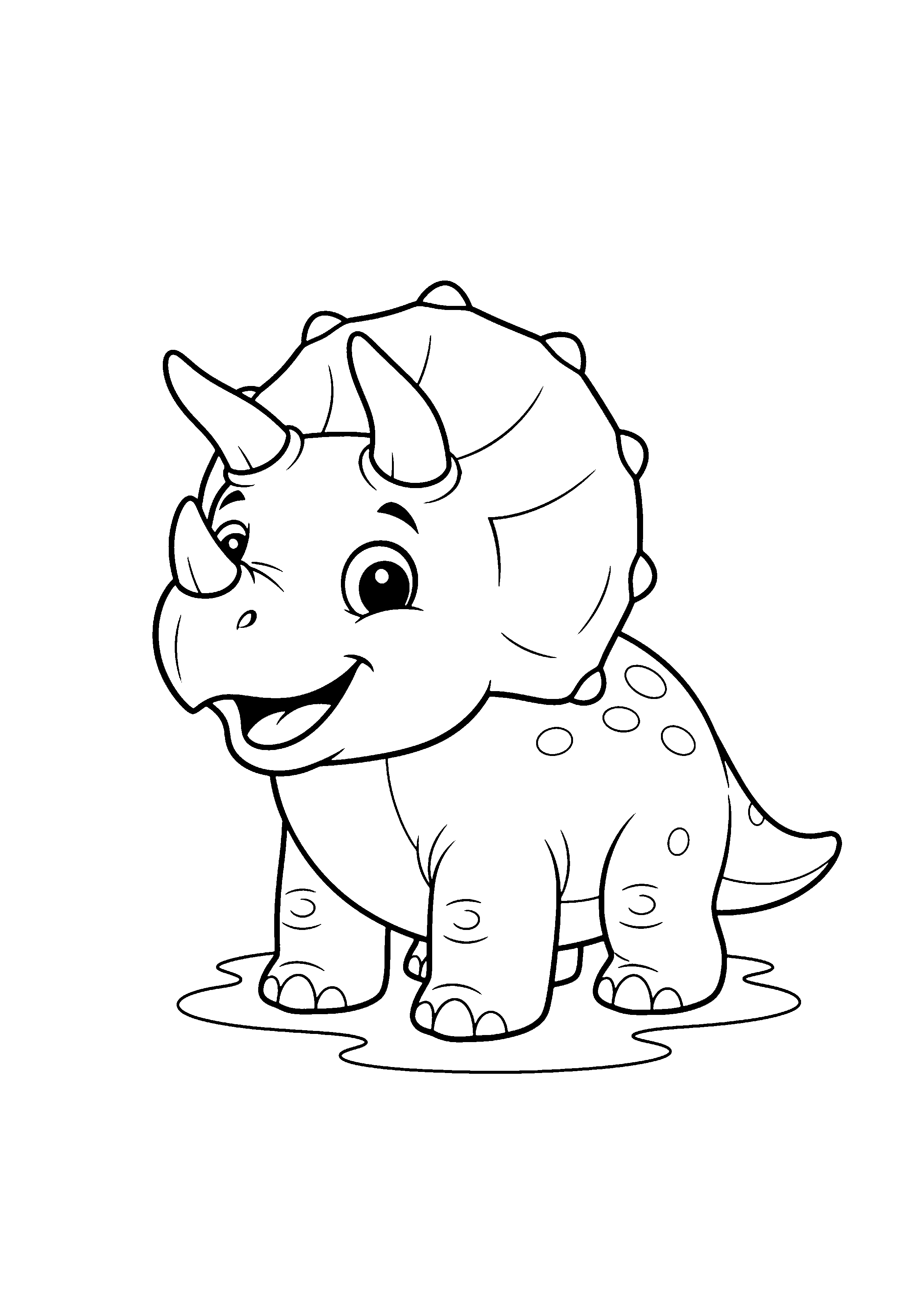 Coloring page of a happy cartoon Triceratops dinosaur, black and white line art