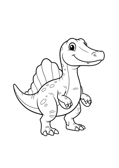 Coloring page of a friendly cartoon Spinosaurus dinosaur, black and white line art