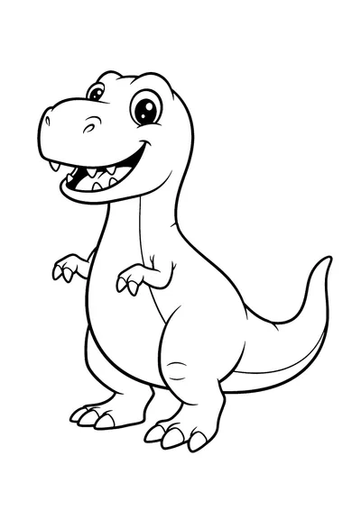 Coloring page of a smiling cartoon T-Rex dinosaur, black and white line art