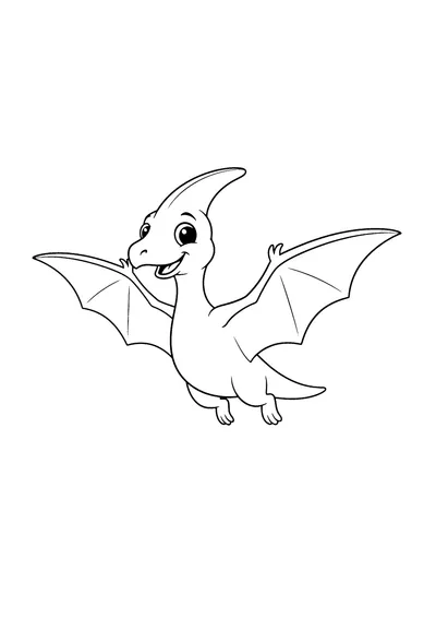 Coloring page of a friendly cartoon Pterodactyl flying dinosaur, black and white line art