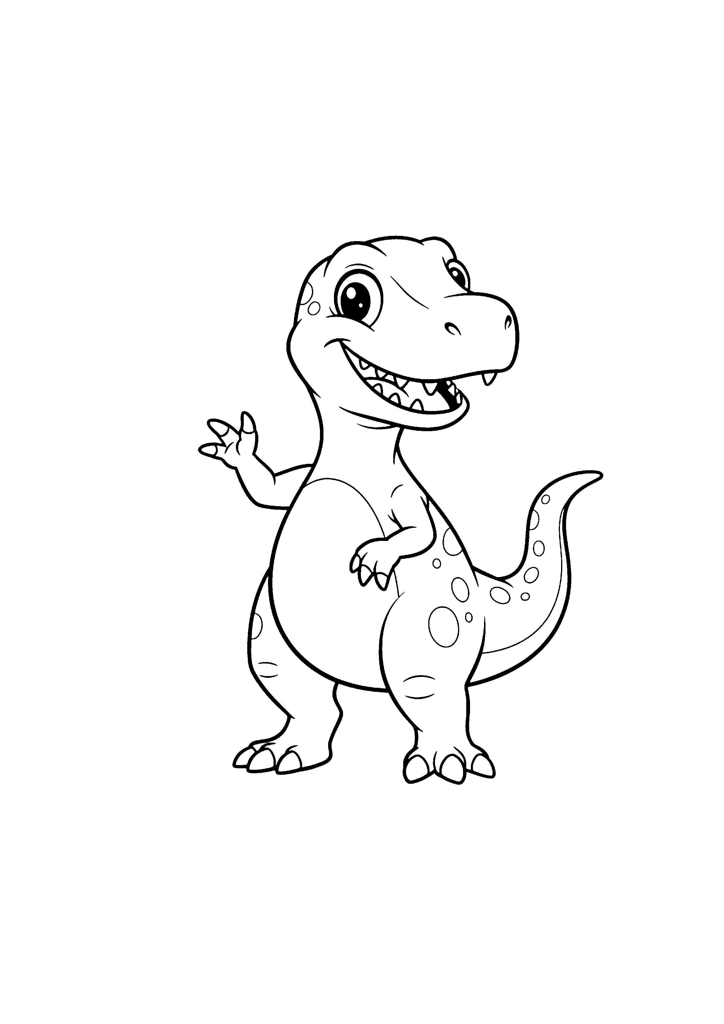 Coloring page of a friendly cartoon Velociraptor dinosaur, black and white line art