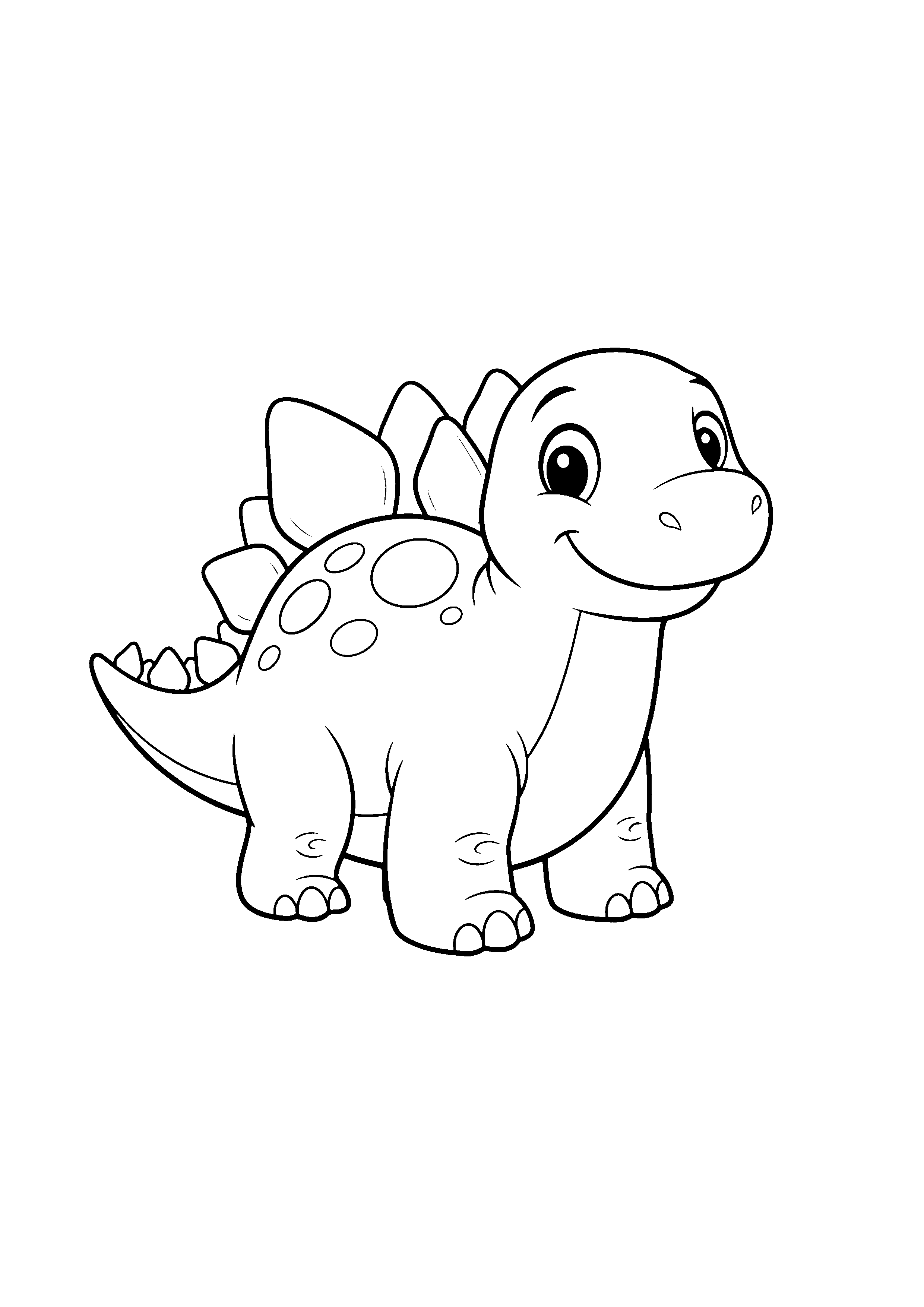 Coloring page of a friendly cartoon Stegosaurus dinosaur, black and white line art