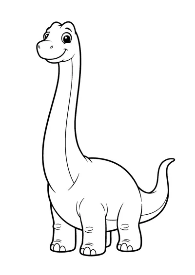 Coloring page of a tall cartoon Brachiosaurus dinosaur, black and white line art
