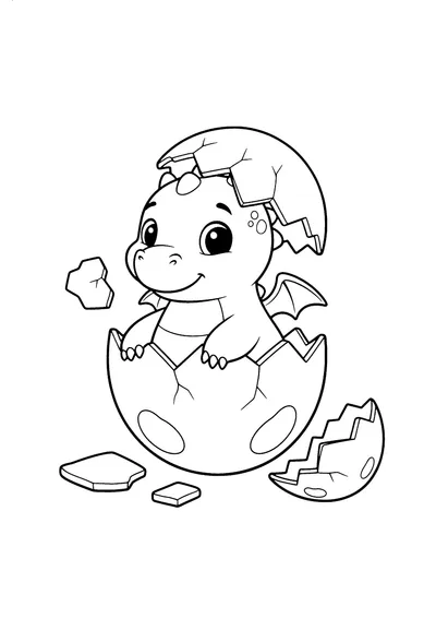 Coloring page of a baby dragon hatching from an egg, black and white line art