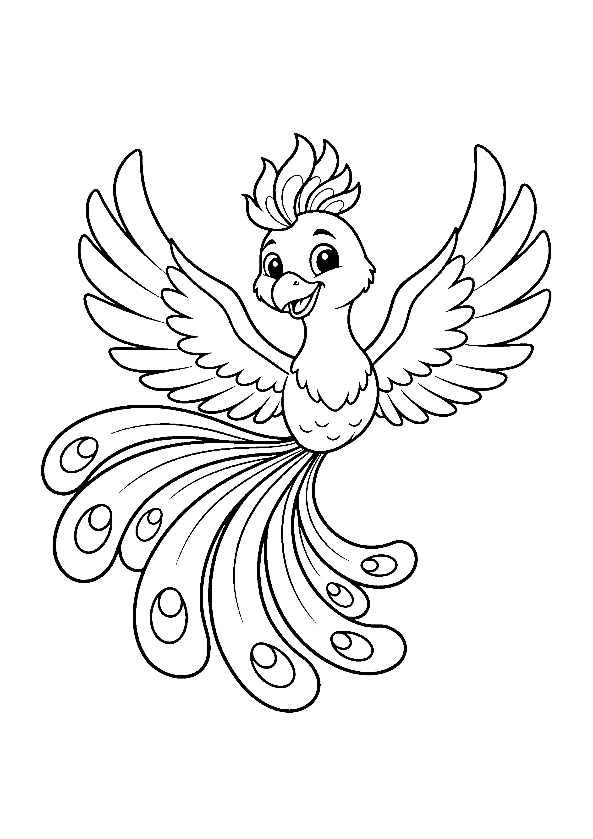 Coloring page of a phoenix bird, black and white line art