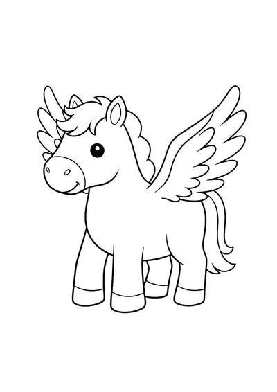 Coloring page of a flying pegasus, black and white line art