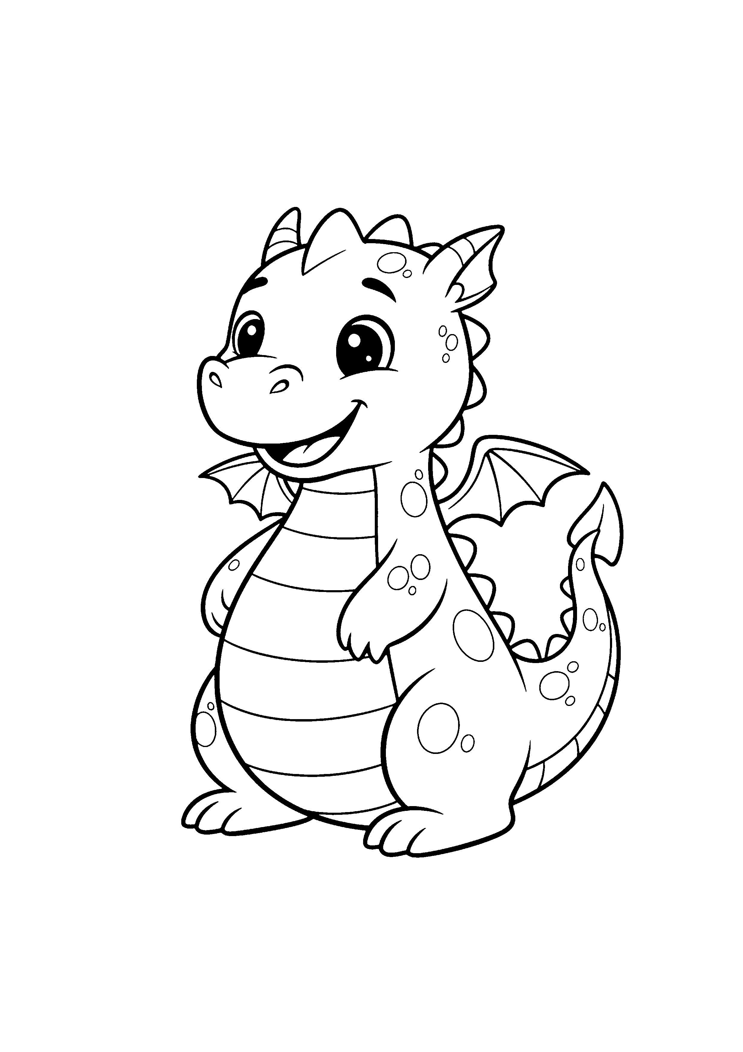 Coloring page of a friendly cartoon dragon, black and white line art
