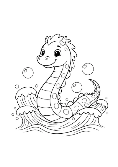 Coloring page of a friendly sea serpent, black and white line art