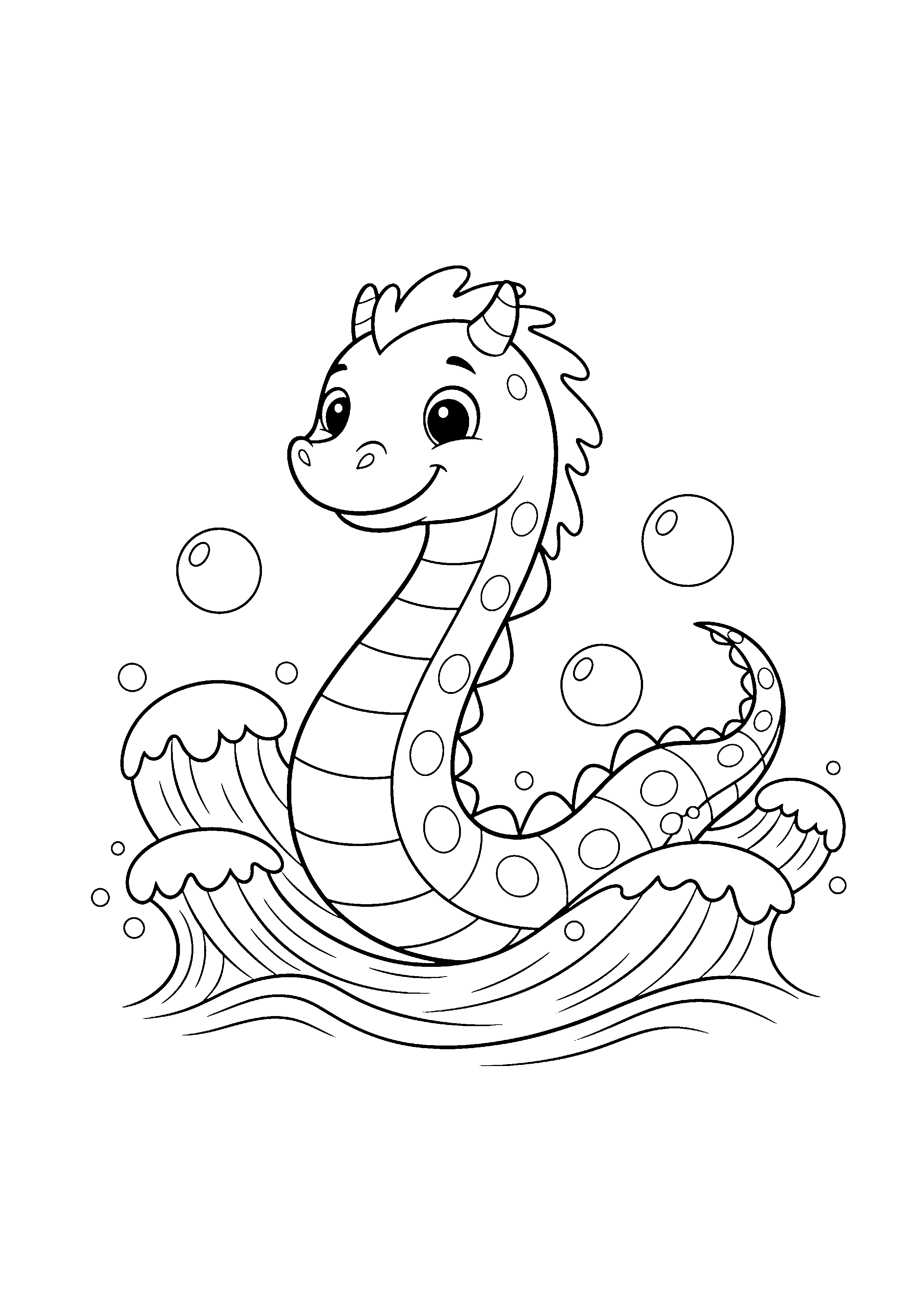 Coloring page of a friendly sea serpent, black and white line art
