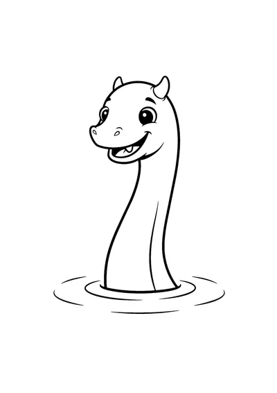 Coloring page of a long-necked lake monster, black and white line art
