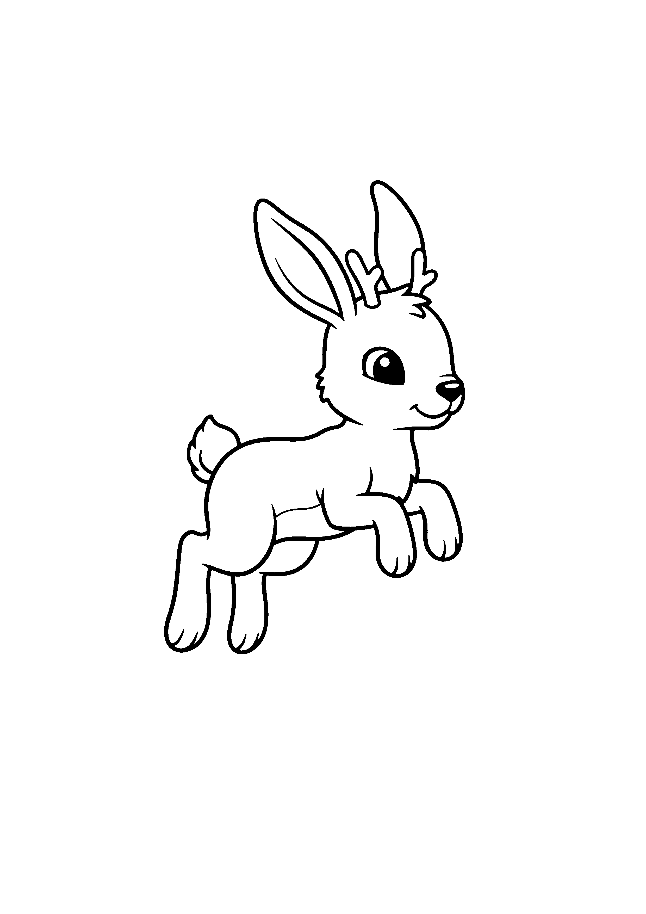 Coloring page of a hopping jackalope, black and white line art
