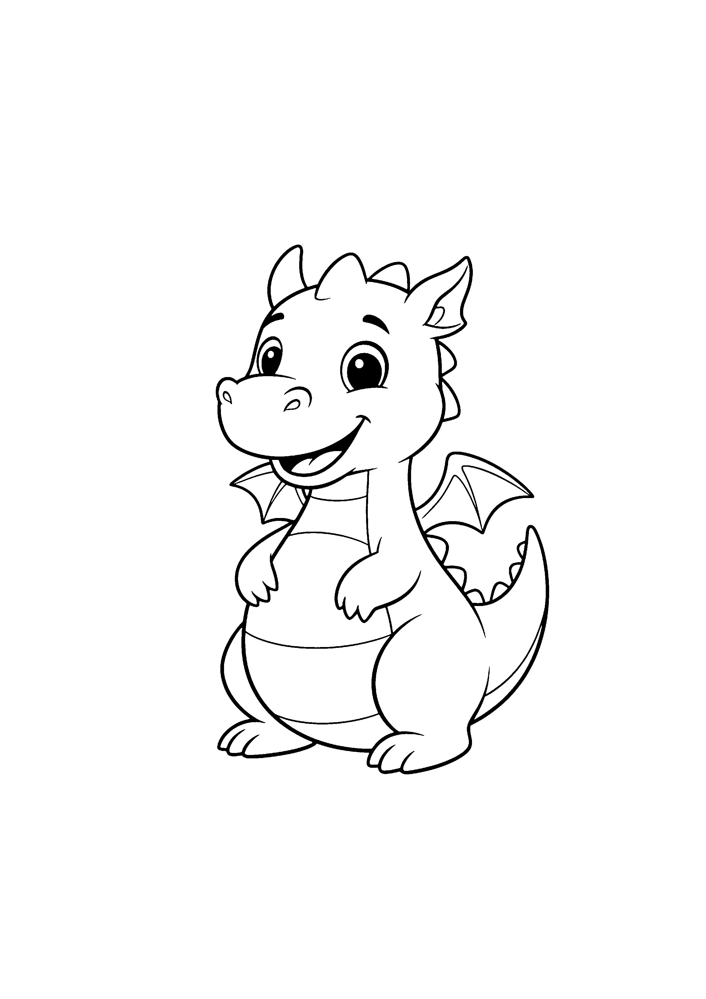 Coloring page of a smiling cartoon dragon, black and white line art