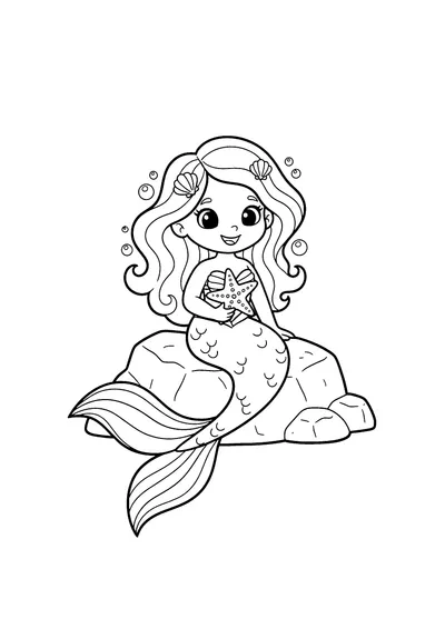Coloring page of a smiling mermaid on a rock, black and white line art
