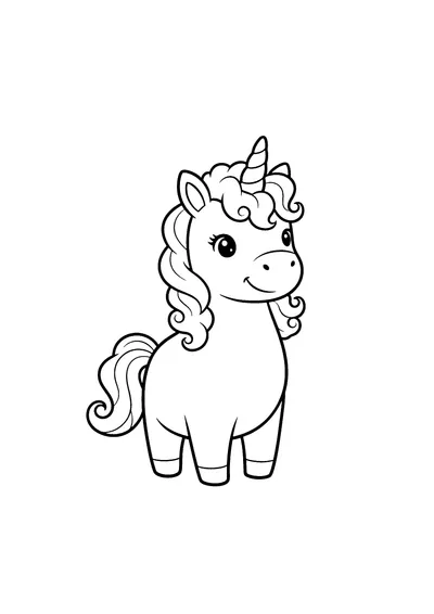 Coloring page of a little standing unicorn, black and white line art