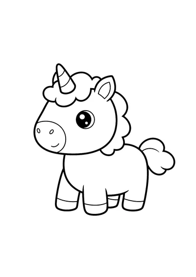 Coloring page of a simple baby unicorn, black and white line art